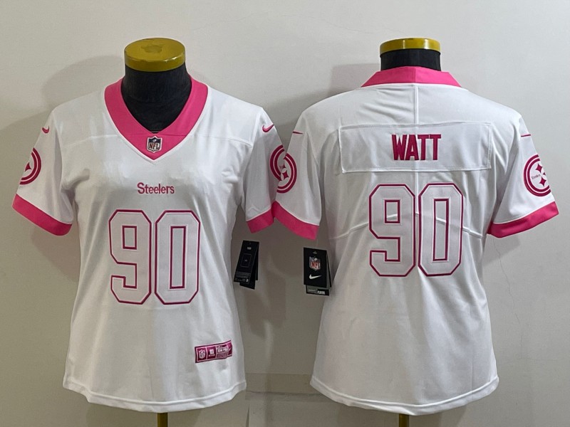Women's Pittsburgh Steelers #90 T. J. Watt White Pink Vapor Untouchaable Limited Stitched Jersey(Run Small)